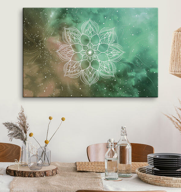 Een witte mandala op een groene en blauwe achtergrond Een witte mandala op een groene en blauwe achtergrond