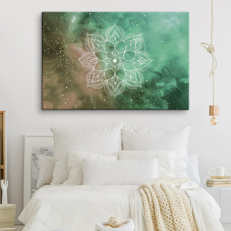Een witte mandala op een groene en blauwe achtergrond
