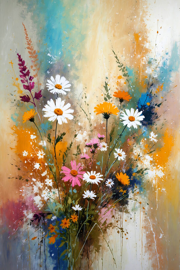 Een schilderij van bloemen en bladeren Een schilderij van bloemen en bladeren