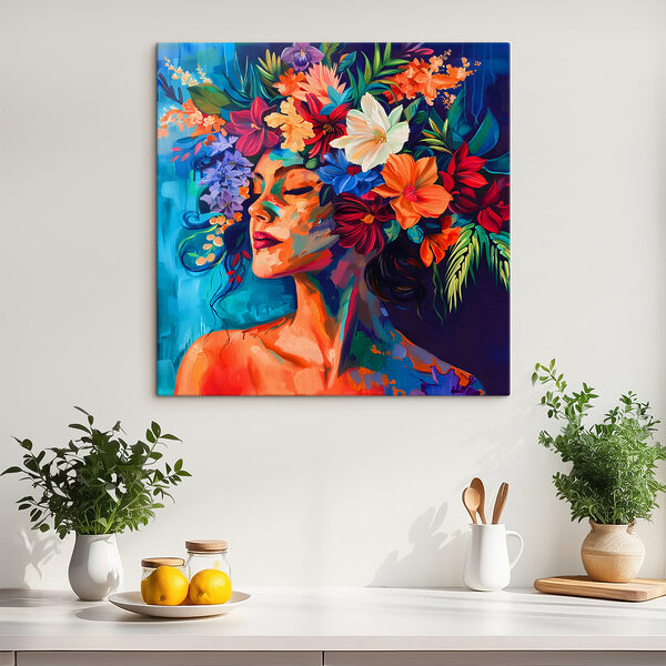 Een schilderij van een vrouw met bloemen in haar haar Een schilderij van een vrouw met bloemen in haar haar