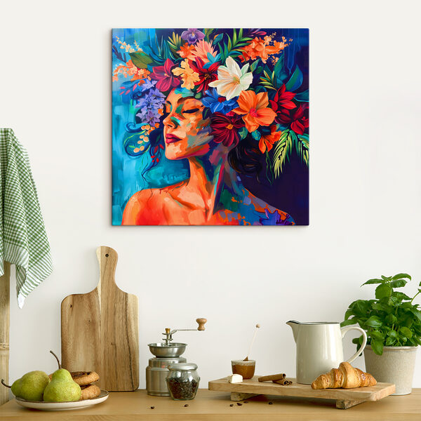 Een schilderij van een vrouw met bloemen in haar haar Een schilderij van een vrouw met bloemen in haar haar