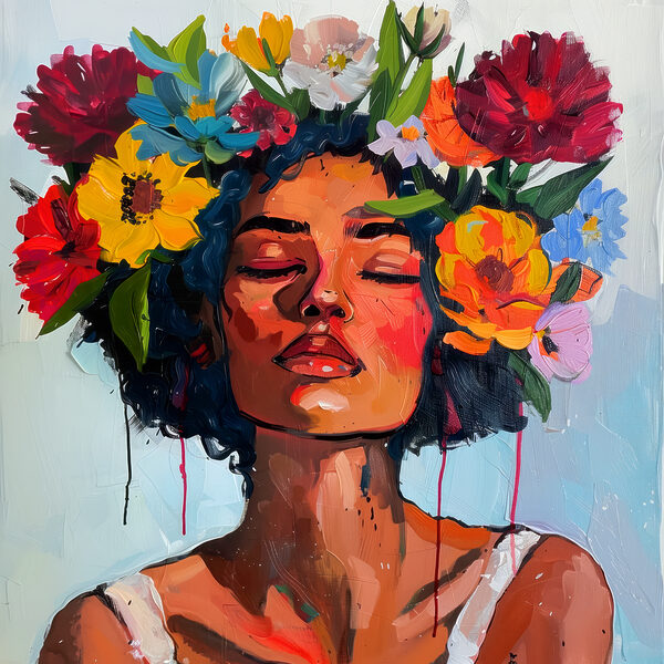 Een schilderij van een vrouw met bloemen in haar haar Een schilderij van een vrouw met bloemen in haar haar