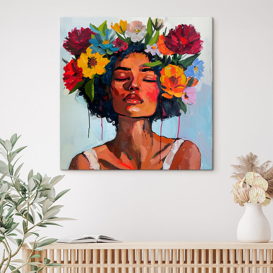 Een schilderij van een vrouw met bloemen in haar haar Een schilderij van een vrouw met bloemen in haar haar