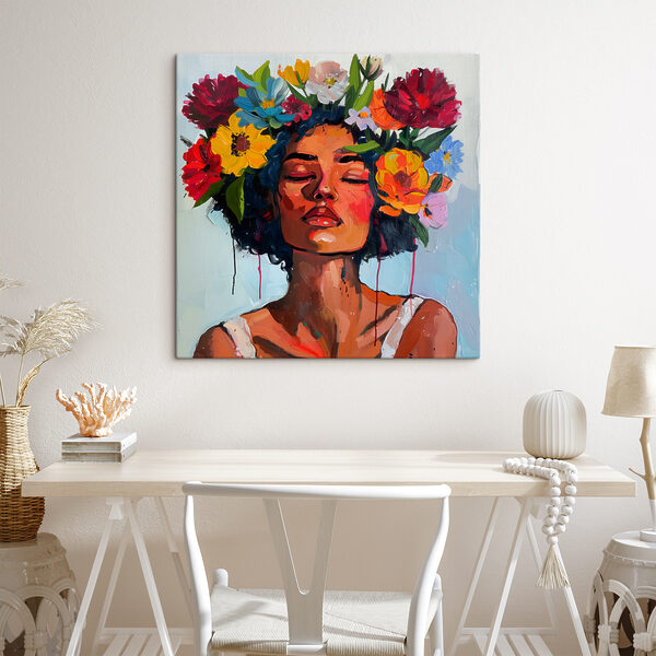 Een schilderij van een vrouw met bloemen in haar haar Een schilderij van een vrouw met bloemen in haar haar
