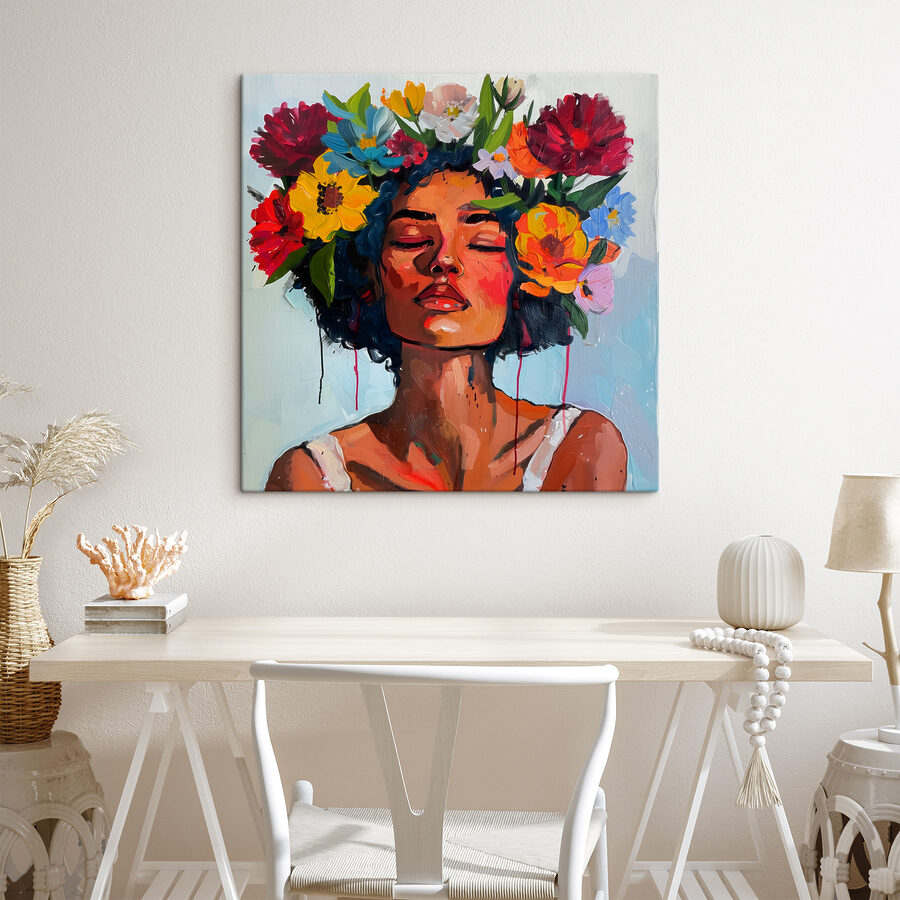 Een schilderij van een vrouw met bloemen in haar haar Een schilderij van een vrouw met bloemen in haar haar