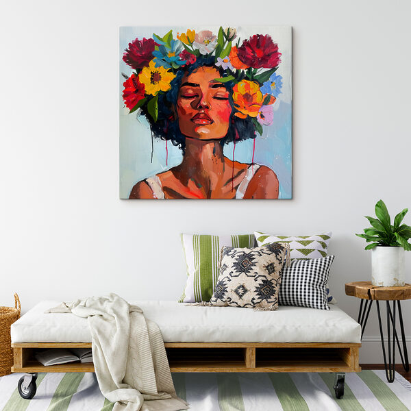Een schilderij van een vrouw met bloemen in haar haar Een schilderij van een vrouw met bloemen in haar haar