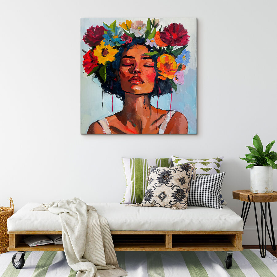 Een schilderij van een vrouw met bloemen in haar haar Een schilderij van een vrouw met bloemen in haar haar