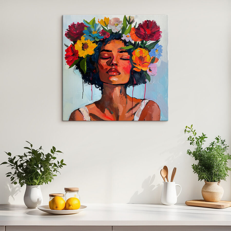 Een schilderij van een vrouw met bloemen in haar haar Een schilderij van een vrouw met bloemen in haar haar