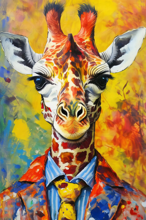 Een schilderij van een giraffe die een shirt draagt Een schilderij van een giraffe die een shirt draagt