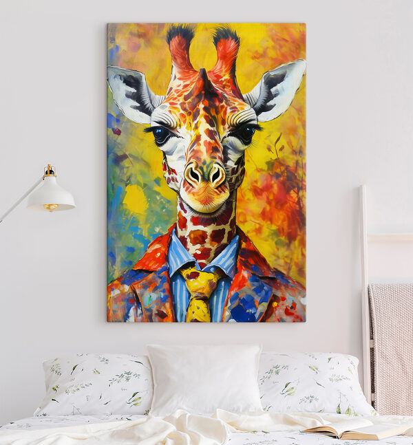Een schilderij van een giraffe die een shirt draagt Een schilderij van een giraffe die een shirt draagt