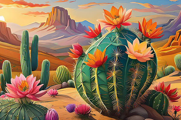 Een cactus met bloemen in de woestijn Een cactus met bloemen in de woestijn