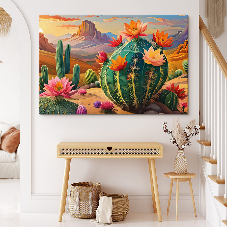 Een cactus met bloemen in de woestijn