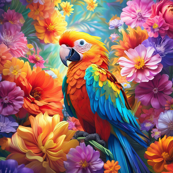 Een kleurrijke vogel zittend op een tak omringd door bloemen Een kleurrijke vogel zittend op een tak omringd door bloemen