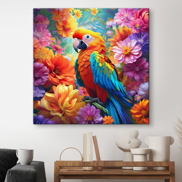 Een kleurrijke vogel zittend op een tak omringd door bloemen Een kleurrijke vogel zittend op een tak omringd door bloemen
