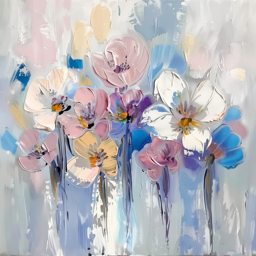 Een schilderij van bloemen op een witte achtergrond