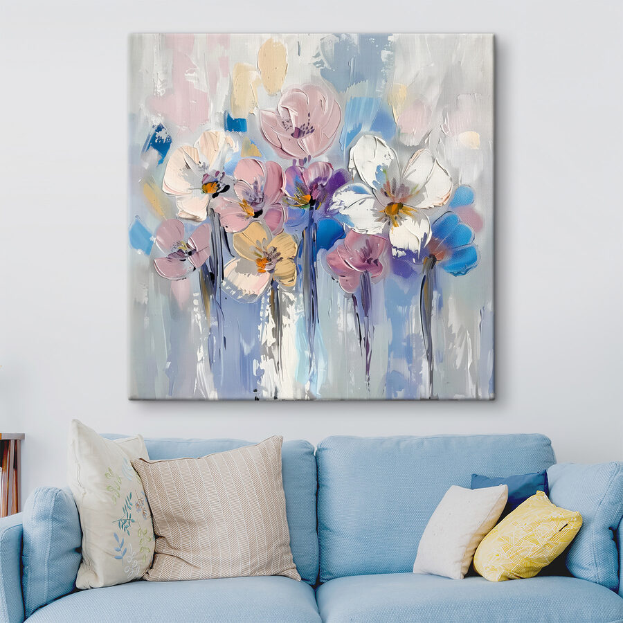 Een schilderij van bloemen op een witte achtergrond