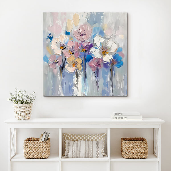 Een schilderij van bloemen op een witte achtergrond Een schilderij van bloemen op een witte achtergrond
