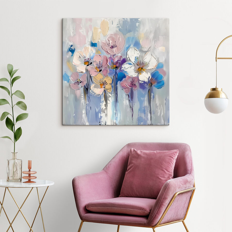 Een schilderij van bloemen op een witte achtergrond