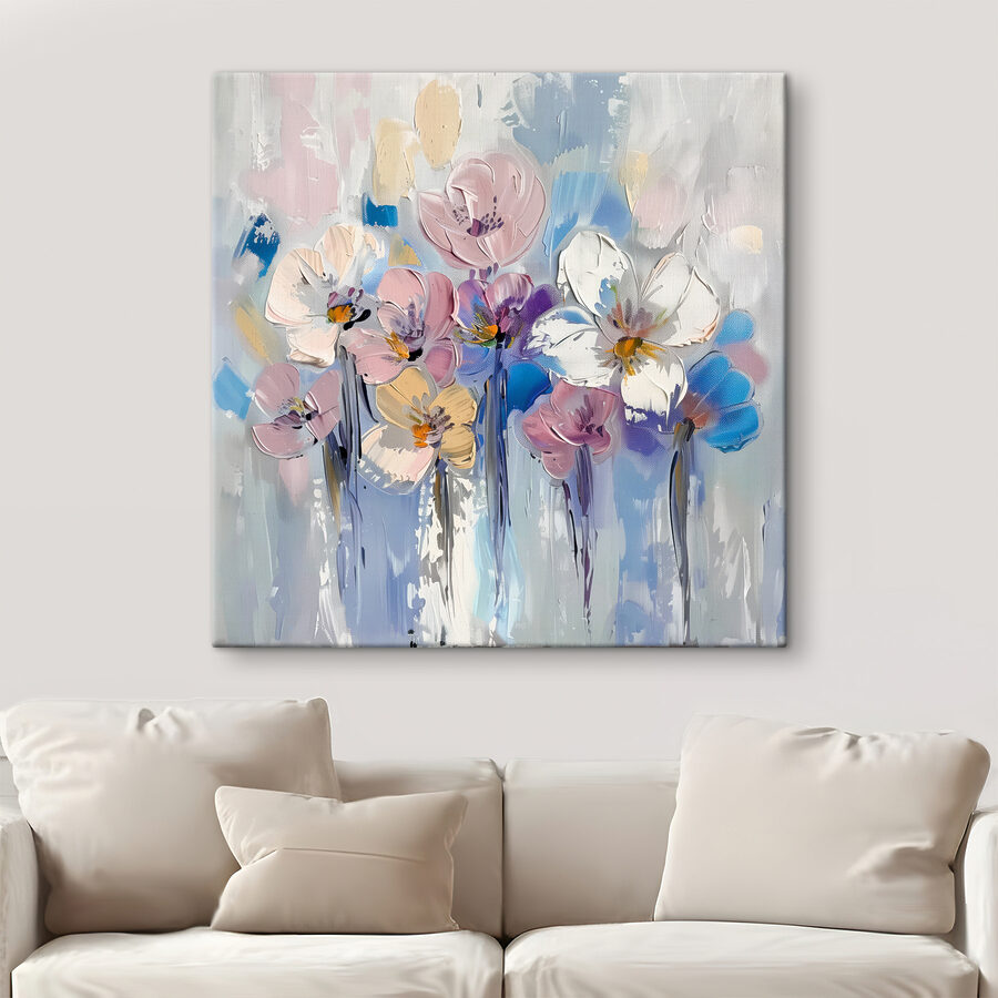 Een schilderij van bloemen op een witte achtergrond