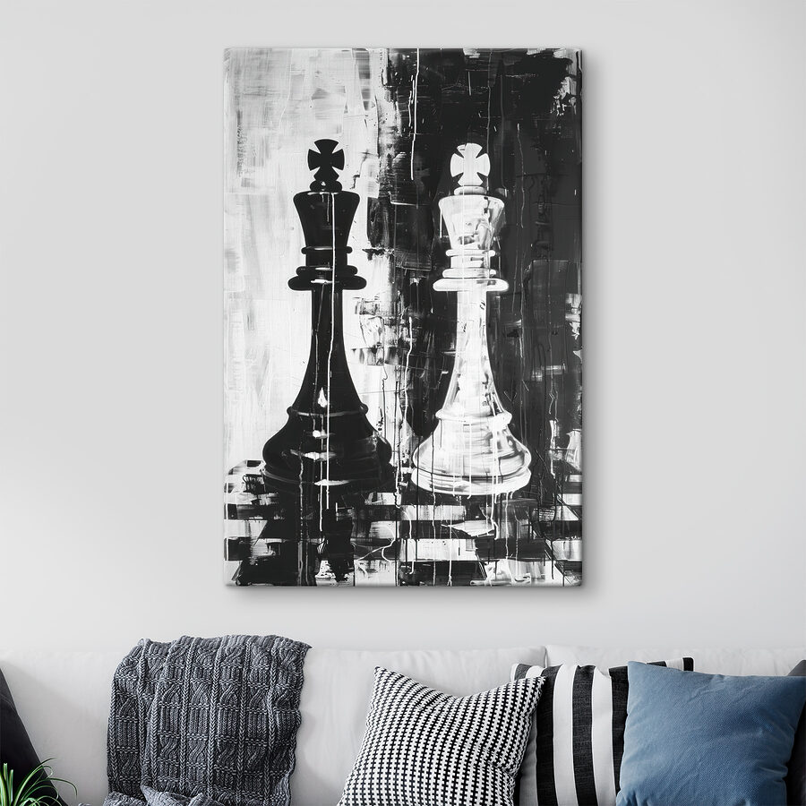 Een zwart-wit schilderij van een schaakstuk Een zwart-wit schilderij van een schaakstuk