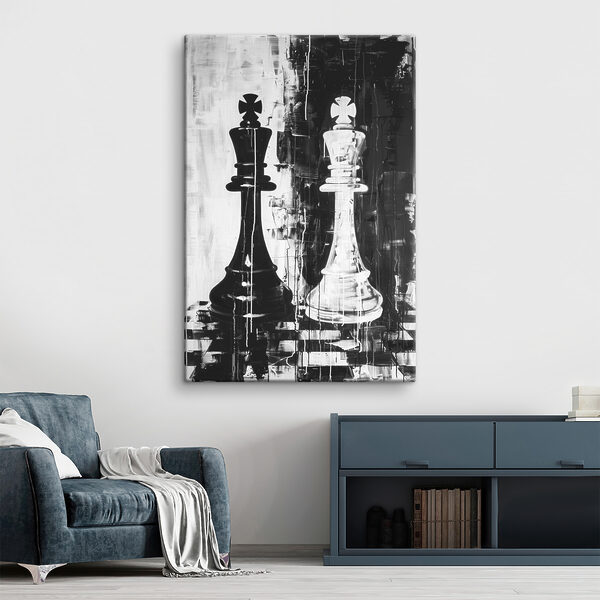 Een zwart-wit schilderij van een schaakstuk Een zwart-wit schilderij van een schaakstuk