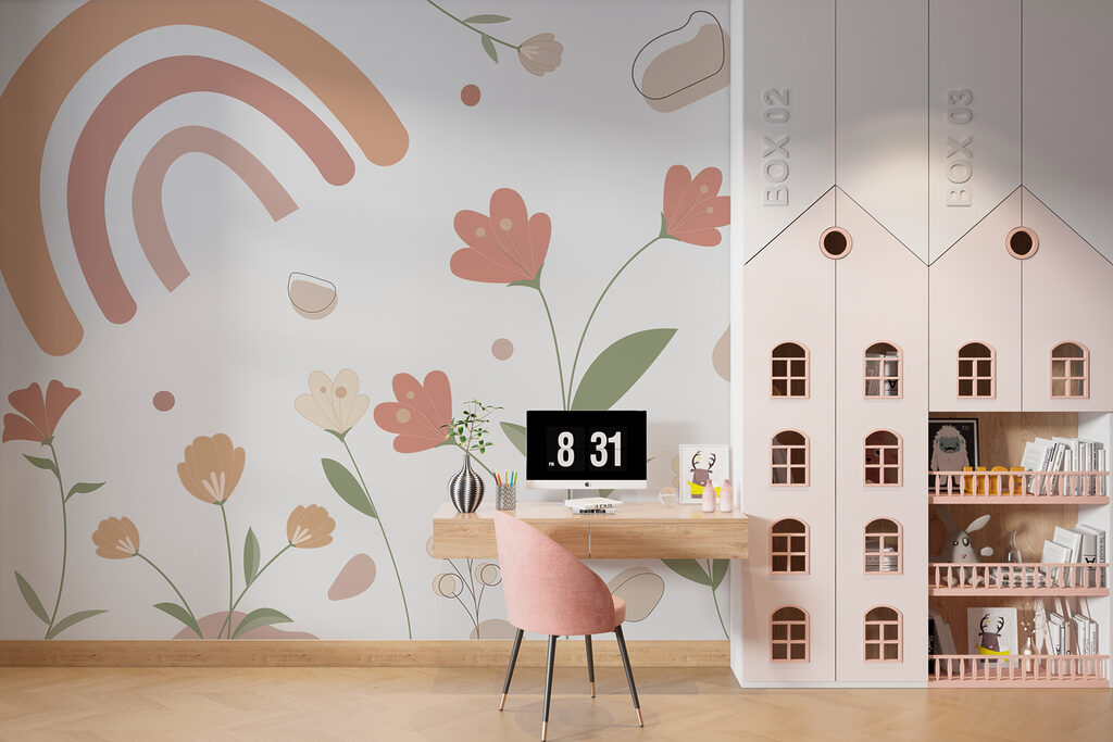 A colorful flowers and rainbows