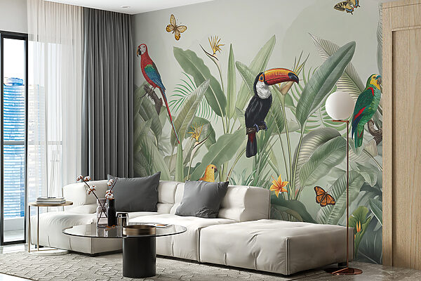 Een behang met vogels en vlinders Een behang met vogels en vlinders