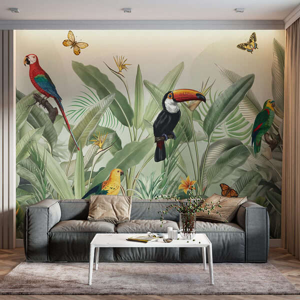Een behang met vogels en vlinders Een behang met vogels en vlinders