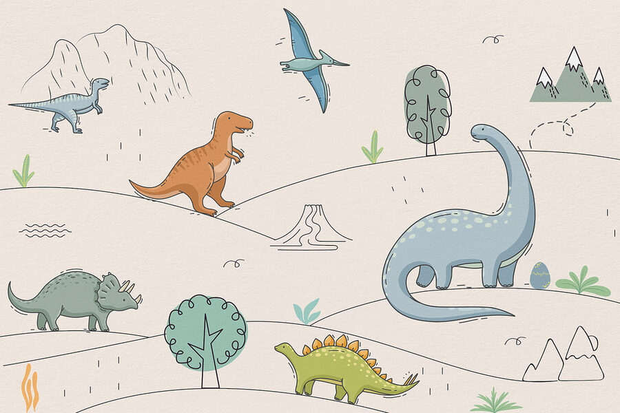 Een tekening van dinosaurussen en bergen