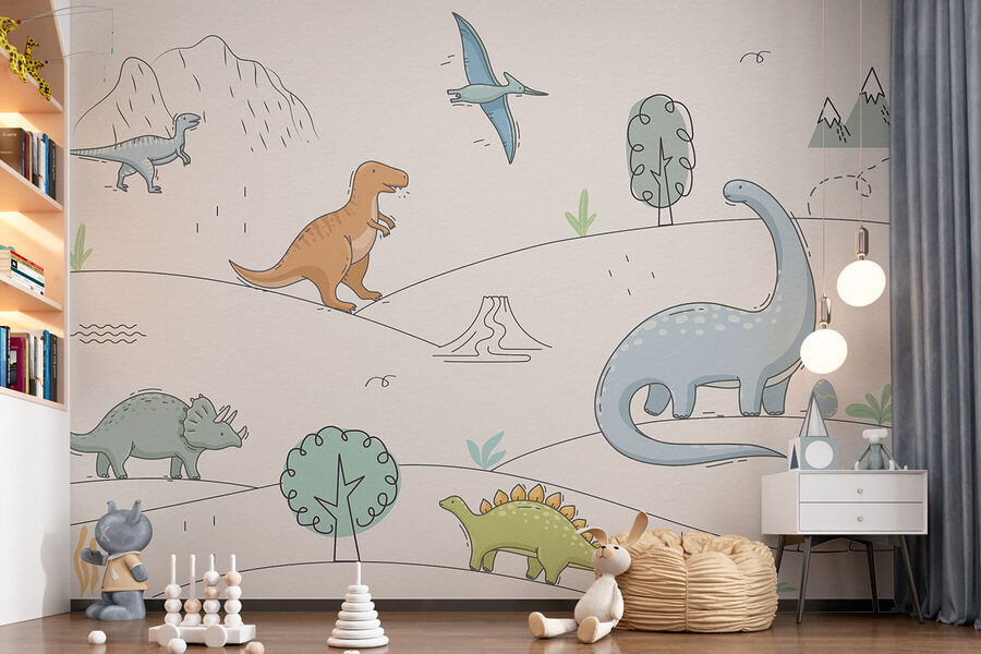 Een tekening van dinosaurussen en bergen