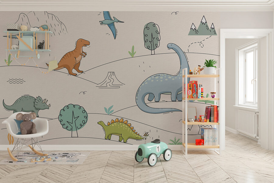 Een tekening van dinosaurussen en bergen