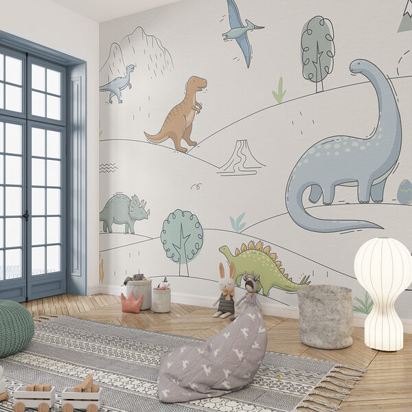 Een tekening van dinosaurussen en bergen Een tekening van dinosaurussen en bergen