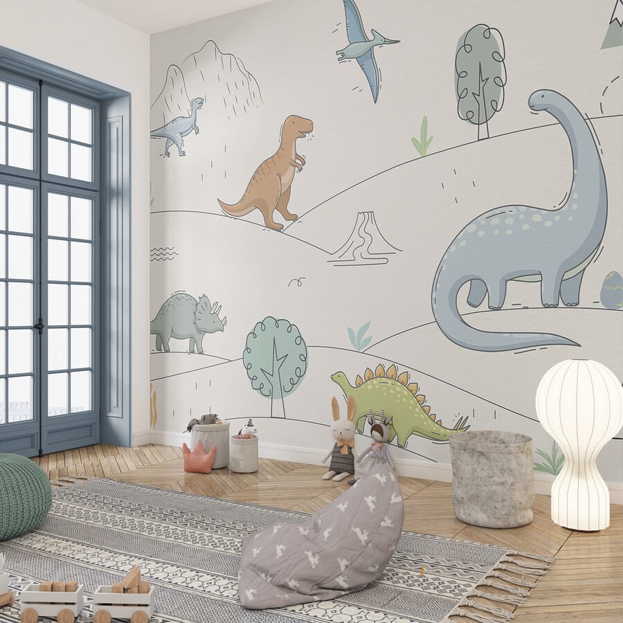 Een tekening van dinosaurussen en bergen
