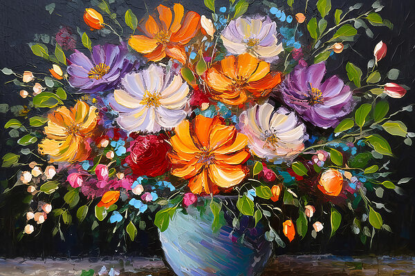Een schilderij van bloemen in een blauwe vaas Een schilderij van bloemen in een blauwe vaas