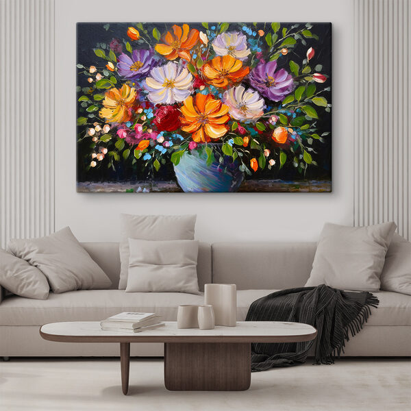Een schilderij van bloemen in een blauwe vaas Een schilderij van bloemen in een blauwe vaas