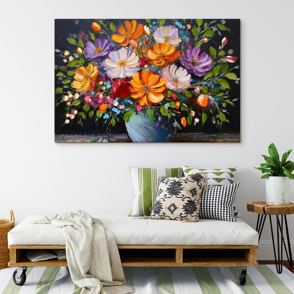 Een schilderij van bloemen in een blauwe vaas Een schilderij van bloemen in een blauwe vaas