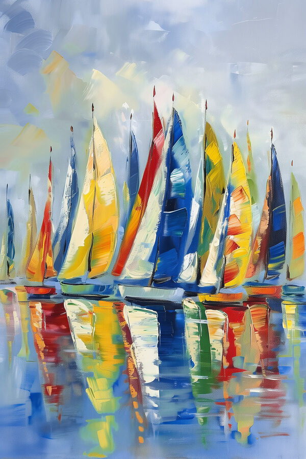 Een schilderij van zeilboten op het water Een schilderij van zeilboten op het water