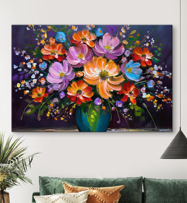Een schilderij van bloemen in een vaas Canvas Schilderijen Een schilderij van bloemen in een vaas