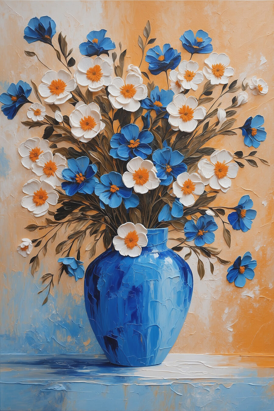 Een schilderij van bloemen in een blauwe vaas