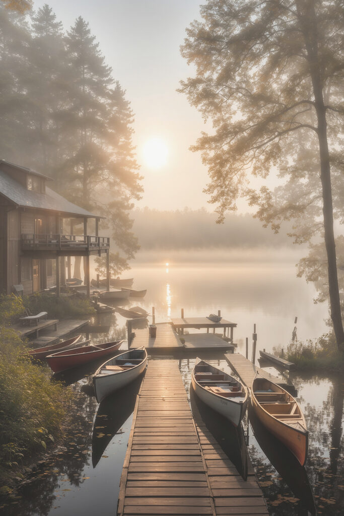 A dock with boats and a house on the water