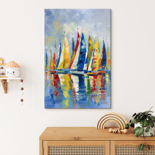 Een schilderij van zeilboten op het water Een schilderij van zeilboten op het water