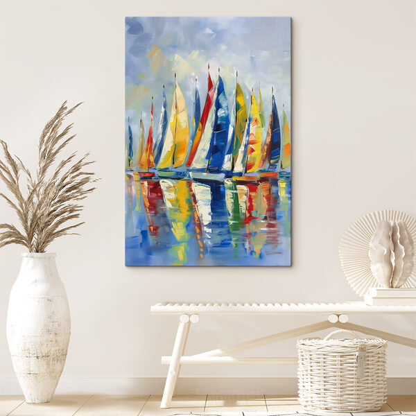 Een schilderij van zeilboten op het water Een schilderij van zeilboten op het water