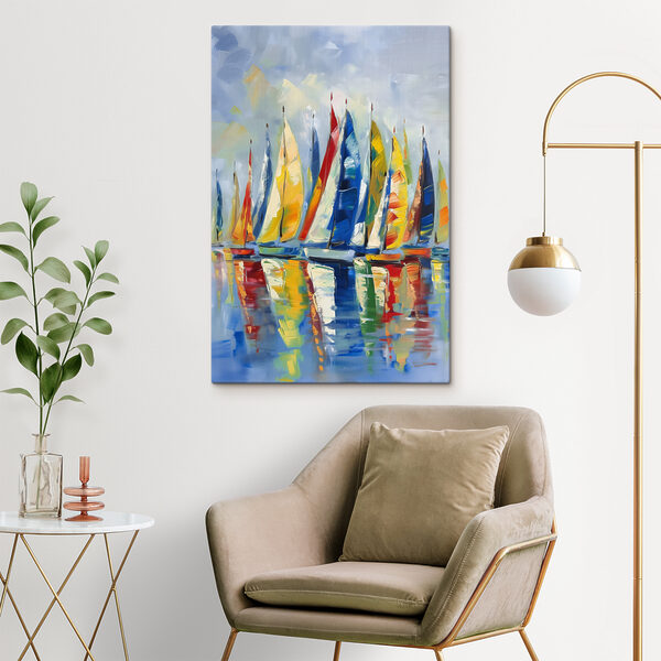 Een schilderij van zeilboten op het water Een schilderij van zeilboten op het water