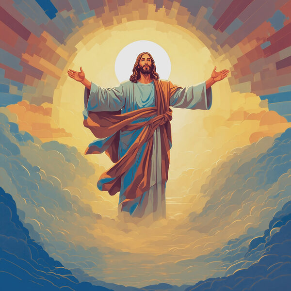 Een schilderij van een man in een gewaad met zijn armen in de lucht Een schilderij van een man in een gewaad met zijn armen in de lucht