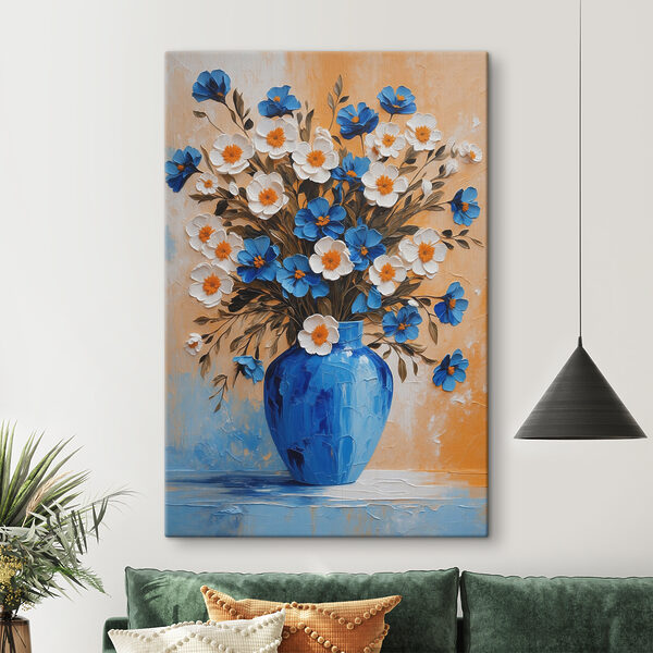 Een schilderij van bloemen in een blauwe vaas Een schilderij van bloemen in een blauwe vaas