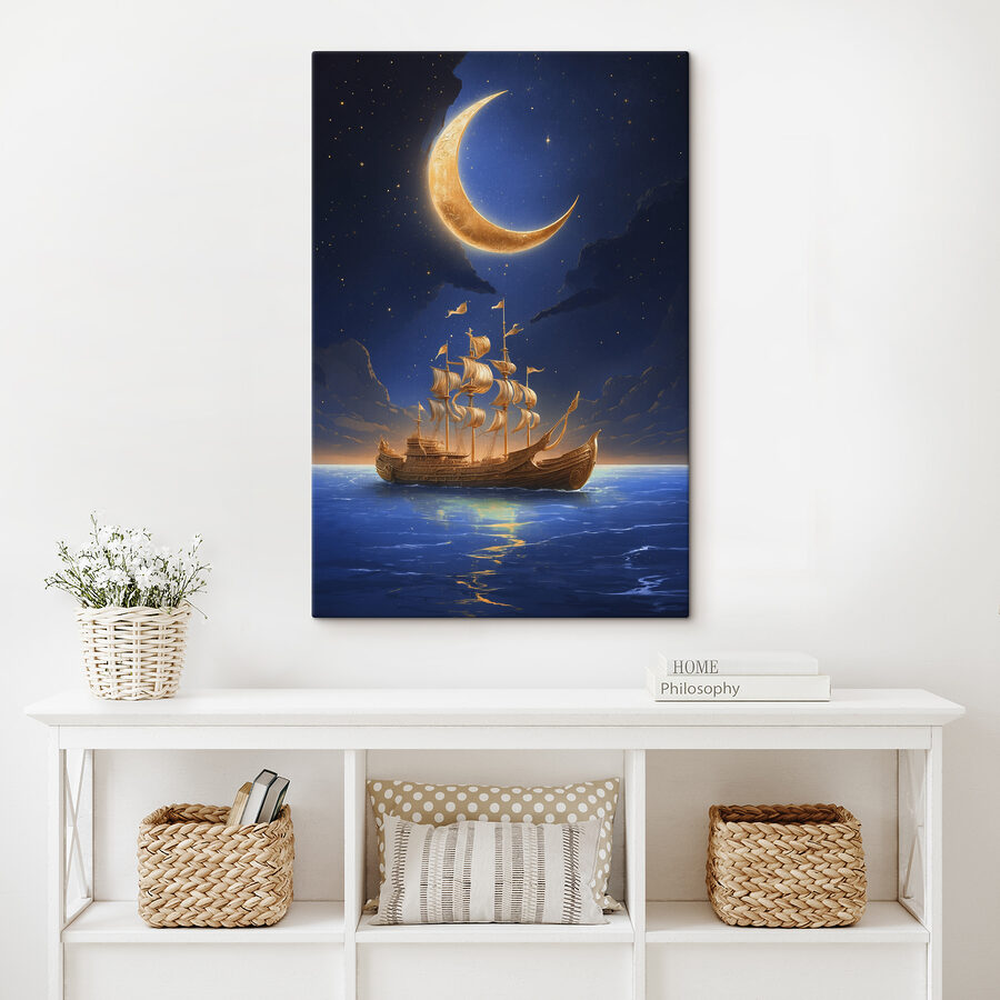 Een schip in het water met een maan op de achtergrond