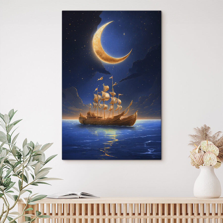 Een schip in het water met een maan op de achtergrond