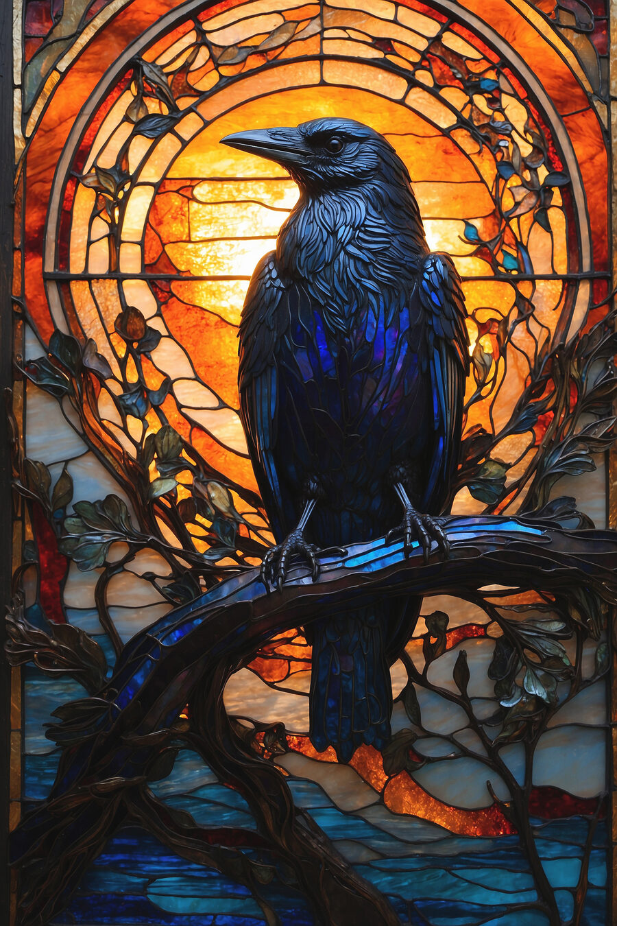 Canvas Schilderijen Een glas-in-loodraam met een vogel op een tak - Afbeelding 8