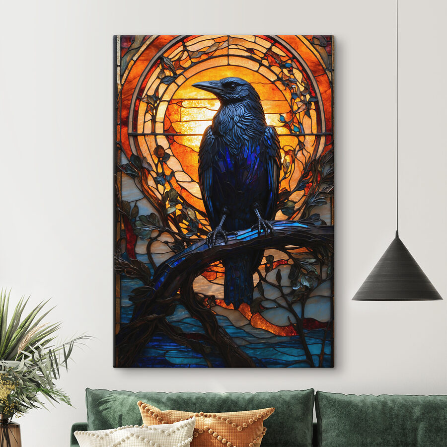 Canvas Schilderijen Een glas-in-loodraam met een vogel op een tak