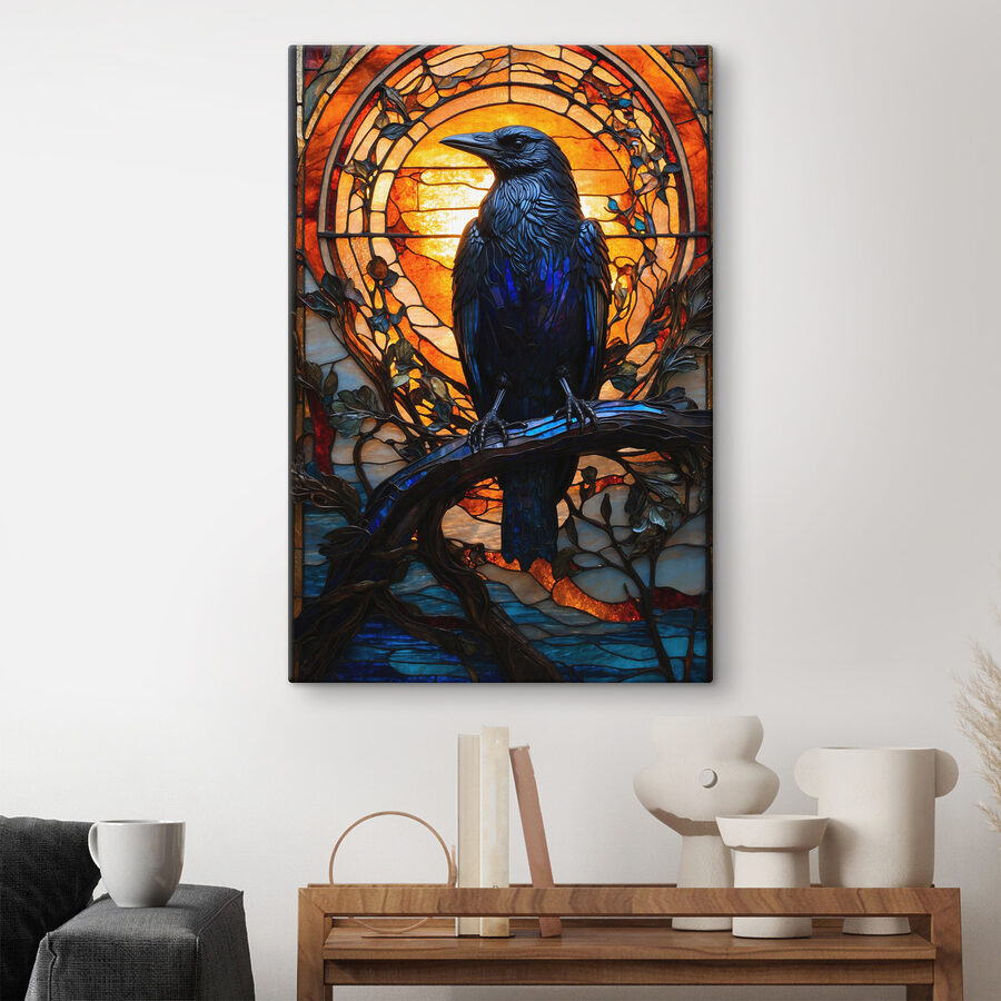 Canvas Schilderijen Een glas-in-loodraam met een vogel op een tak - Afbeelding 2